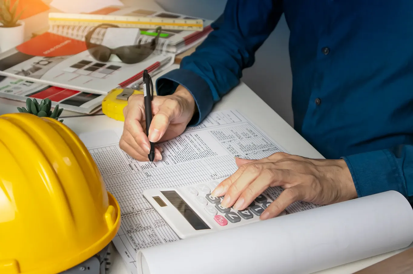 Person calculating with documents and hard hat.